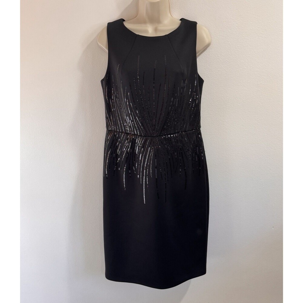 Calvin Klein Dress 10 Black Sequins Scuba Knit Sleeveless Sheath Party Career